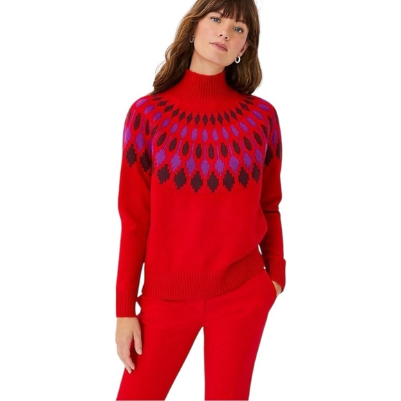 Ann Taylor Petite Fair Isle Red Turtleneck Sweater Women’s Size XSP Wool Blend - Picture 1 of 6
